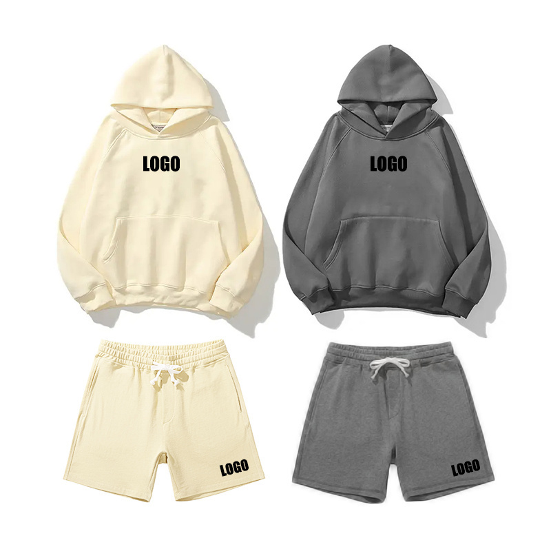 High Quality French Terry Custom Men's Screen Print Tracksuits Hoodie And Sweat Shorts For Men