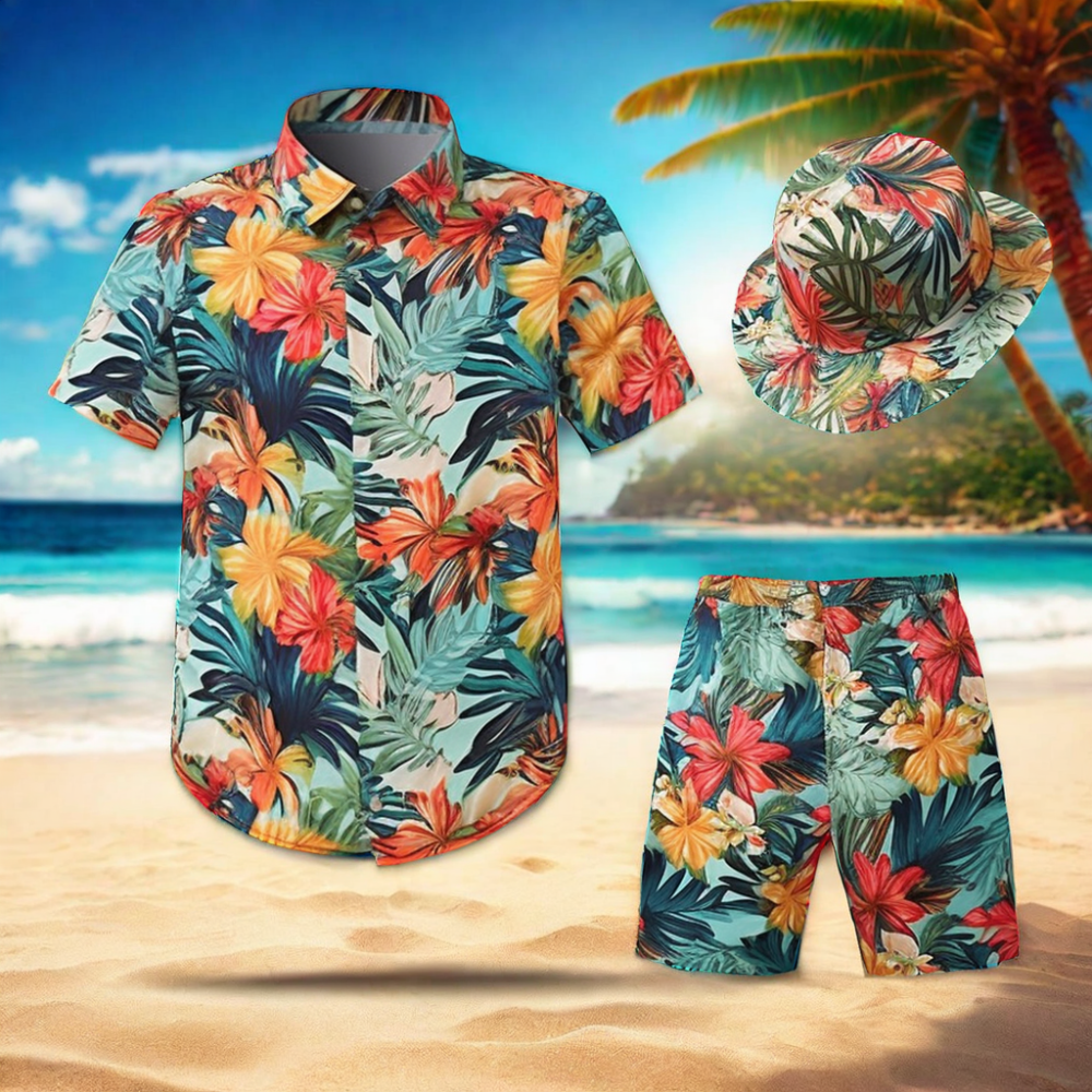 New Summer beach shirts men loose shirt Hawaiian men's shirts short two piece set with fishing hat