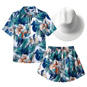 New Summer beach shirts men loose shirt Hawaiian men's shirts short two piece set with fishing hat