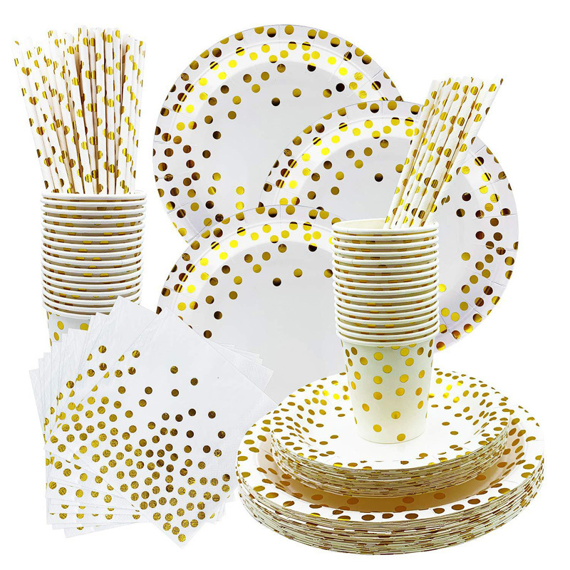 250pcs paper plate napkin cups straws rose gold disposable DOT foil luxury tableware wedding birthday baby shower party set