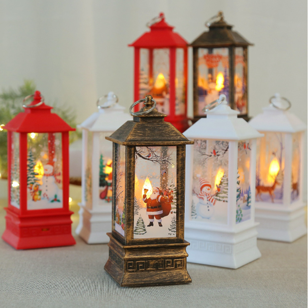 Height 20cm Christmas LED Simulation Flame Xmas Decorative Barn Lantern Wind Lamp Window Bar Decoration w/Deer Santa Claus Bell