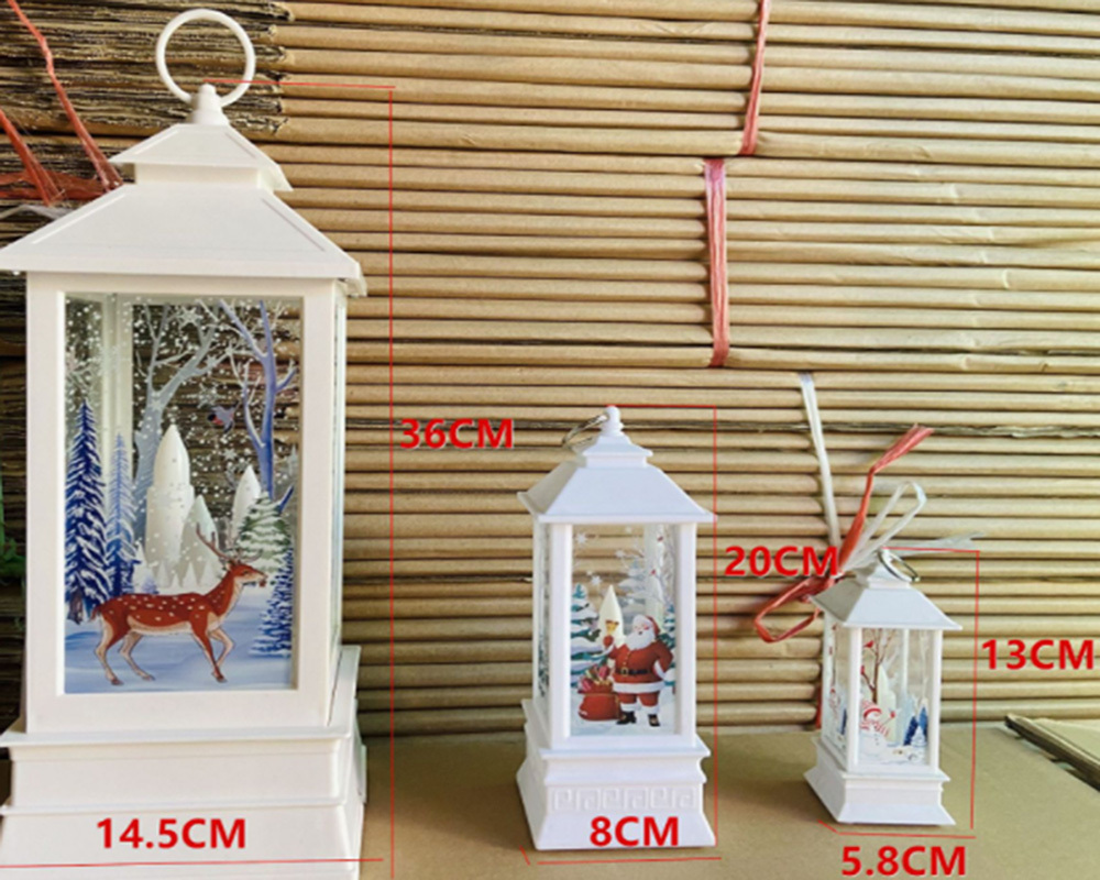 Height 20cm Christmas LED Simulation Flame Xmas Decorative Barn Lantern Wind Lamp Window Bar Decoration w/Deer Santa Claus Bell