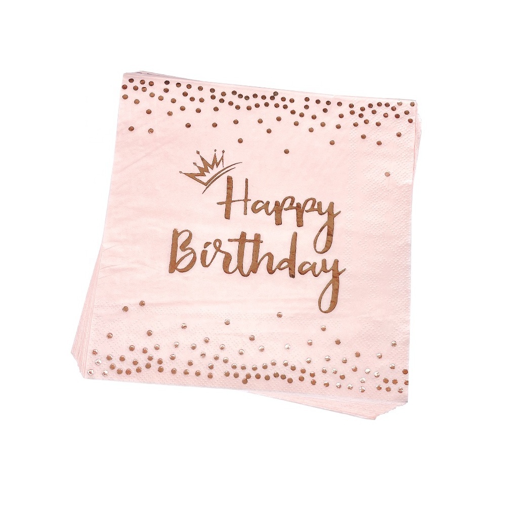 Stock Selling 20 Guests Rose Gold Pink Paper Dessert Plate Napkins Disposable Cups Baby Girl Happy Birthday Party Tableware