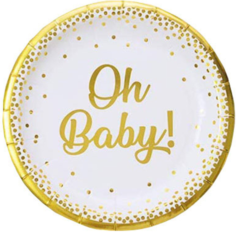 Serves 20 OH BABY Foil Gold Paper Dessert Plate Napkins Disposable Cups Boy Birthday Party Supplies Gender Reveal Tableware