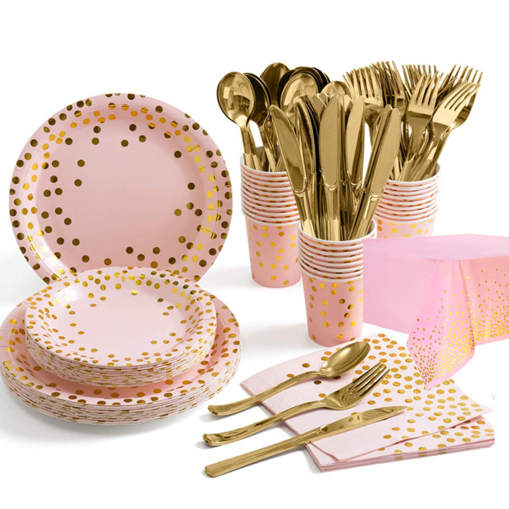 175pcs Gold DOT Disposable Dinnerware Party Supplies Set Serve 25 with Plate Cup Napkin Fork Knife Spoon for Wedding Bridal Show