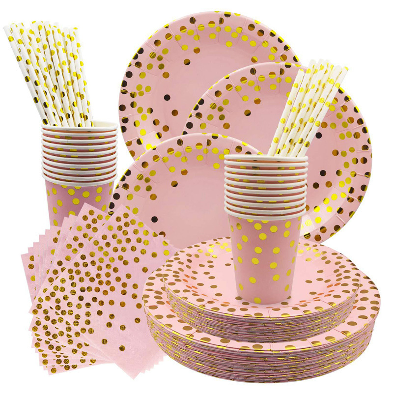 250pcs paper plate napkin cups straws rose gold disposable DOT foil luxury tableware wedding birthday baby shower party set