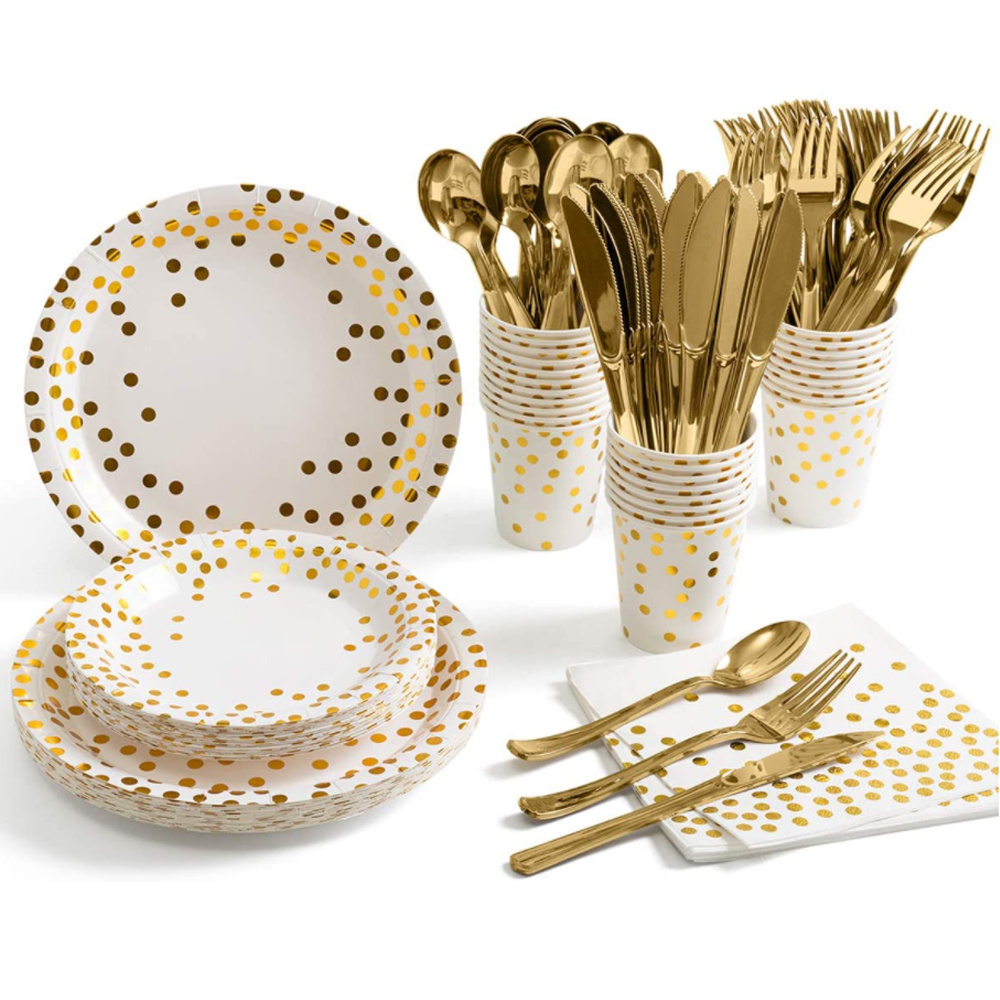 175pcs Gold DOT Disposable Dinnerware Party Supplies Set Serve 25 with Plate Cup Napkin Fork Knife Spoon for Wedding Bridal Show