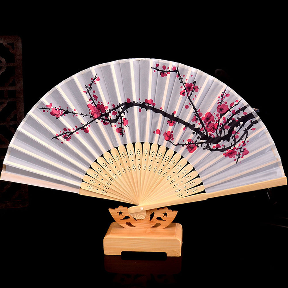 Bamboo Ribs Fabric Portable Plum Blossom Printing Folding Oriental Chinese Style Hand Fans