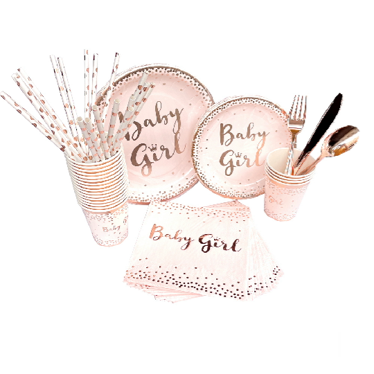 20 Guests Rose Gold Pink Paper Plates, Dessert Plates, Napkins, Disposable Cups Baby Girl Baby Shower Party Tableware Supplies