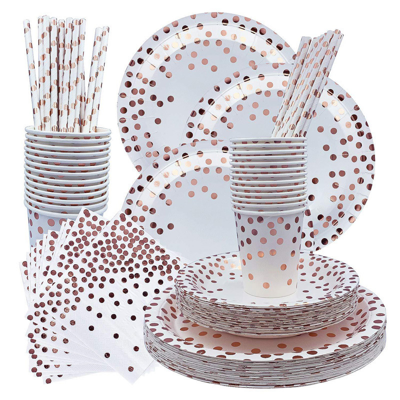 250pcs paper plate napkin cups straws rose gold disposable DOT foil luxury tableware wedding birthday baby shower party set