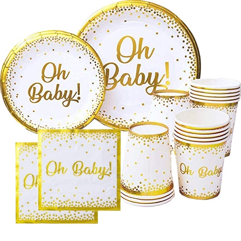 Serves 20 OH BABY Foil Gold Paper Dessert Plate Napkins Disposable Cups Boy Birthday Party Supplies Gender Reveal Tableware