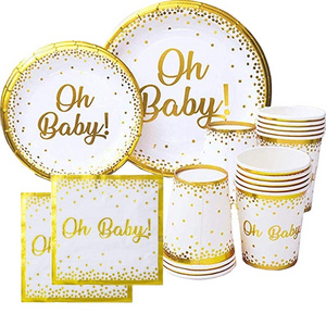 Serves 20 OH BABY Foil Gold Paper Dessert Plate Napkins Disposable Cups Boy Birthday Party Supplies Gender Reveal Tableware