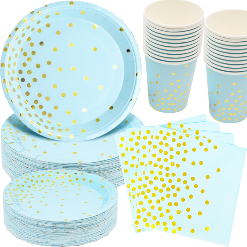 Serves 20 Blue Gold Dot Paper Plates Dessert Plate Napkin Disposable Cups Birthday Party Supplies Tableware Set