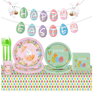 114PCS Disposable Serves 16 Tableware Set Easter Party Supplies w/Bunny Egg Plates Napkins Cups Tablecloth Plastic Cutlery