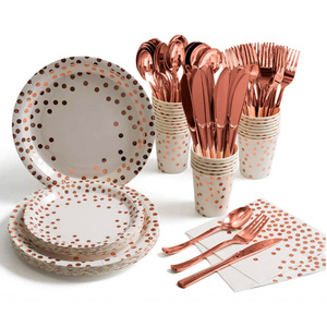 175pcs Gold DOT Disposable Dinnerware Party Supplies Set Serve 25 with Plate Cup Napkin Fork Knife Spoon for Wedding Bridal Show