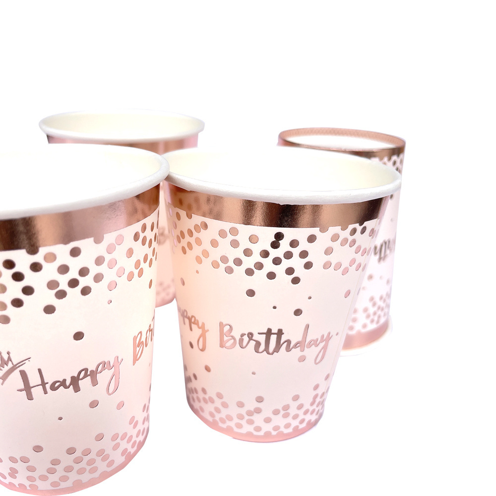 Stock Selling 20 Guests Rose Gold Pink Paper Dessert Plate Napkins Disposable Cups Baby Girl Happy Birthday Party Tableware