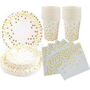 Serves 20 Gold Dot Paper Disposable Plate Napkin Cups Family Wedding Birthday Party Supplies Tableware Set