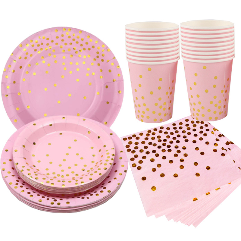 Serves 20 Pink Gold Dot Paper Disposable Dessert Plate Napkin Cups Girl Birthday Party Supplies Tableware Set