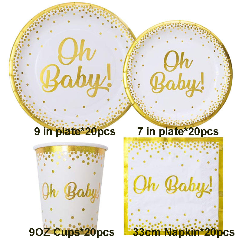 Serves 20 OH BABY Foil Gold Paper Dessert Plate Napkins Disposable Cups Boy Birthday Party Supplies Gender Reveal Tableware