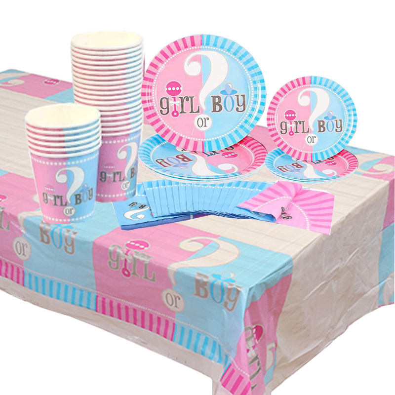 65 pcs Gender Reveal Baby Shower party supplies, Gender Reveal Tableware Kit for 16 persons inc. plates cups tablecloth napkin