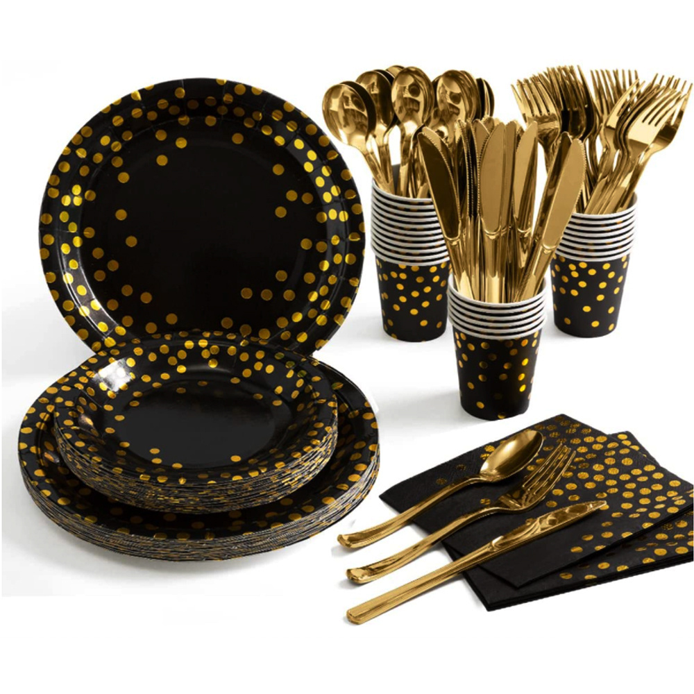 175pcs Gold DOT Disposable Dinnerware Party Supplies Set Serve 25 with Plate Cup Napkin Fork Knife Spoon for Wedding Bridal Show