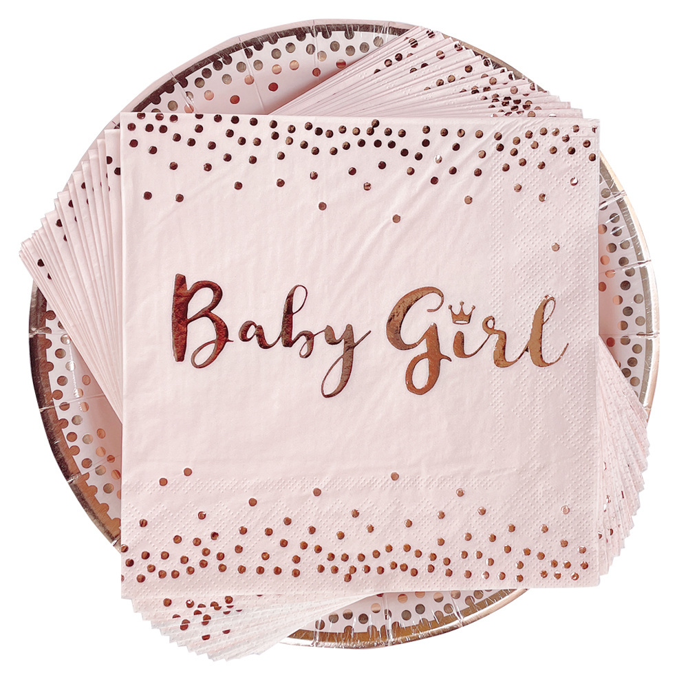 20 Guests Rose Gold Pink Paper Plates, Dessert Plates, Napkins, Disposable Cups Baby Girl Baby Shower Party Tableware Supplies