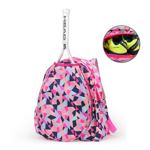 custom waterproof printed kids cute badminton tennis racket backpack with shoe storage