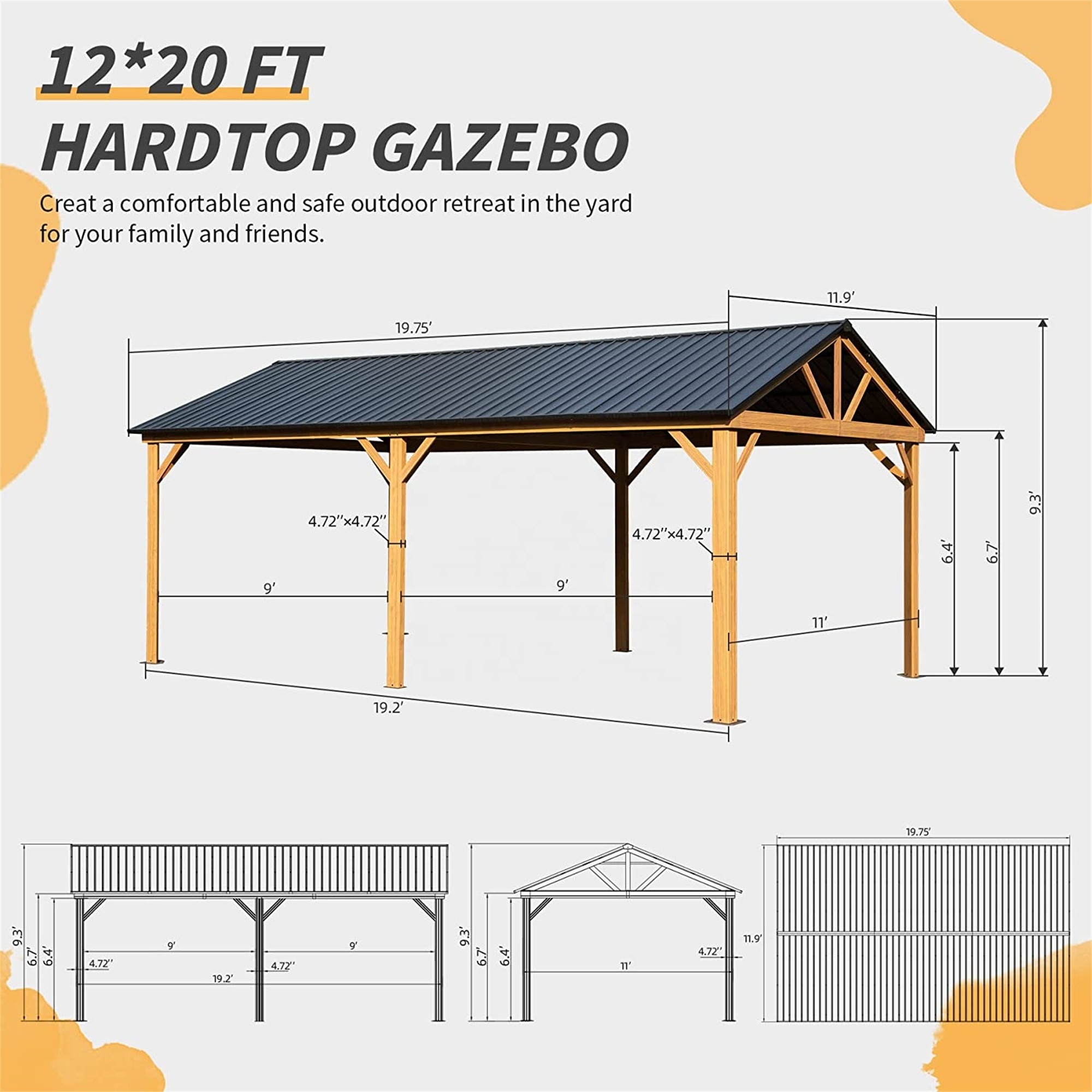 Free Shipping 12 x 20 ft Galvanized Steel Gable Roof Gazebo Pergola with Wood Grain Aluminum Frame  for Patio Garden