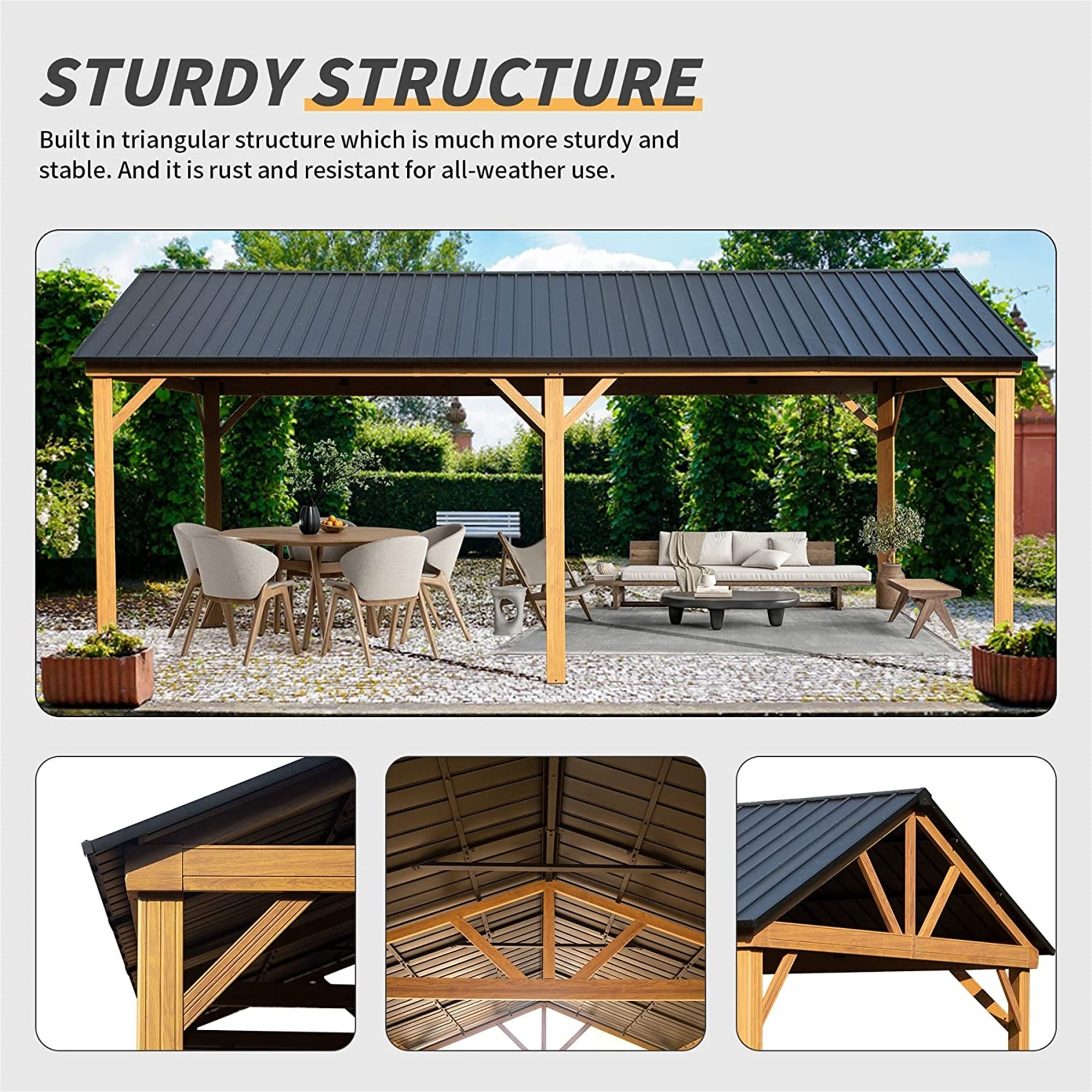 Free Shipping 12 x 20 ft Galvanized Steel Gable Roof Gazebo Pergola with Wood Grain Aluminum Frame  for Patio Garden