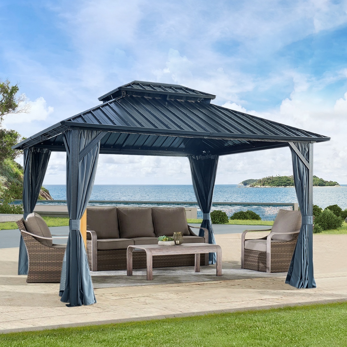 Free Shipping 12 x 12 ft Outdoor Gazebo 2-Tier Hardtop Galvanized Iron Aluminum Frame Garden Tent for Patio Backyard