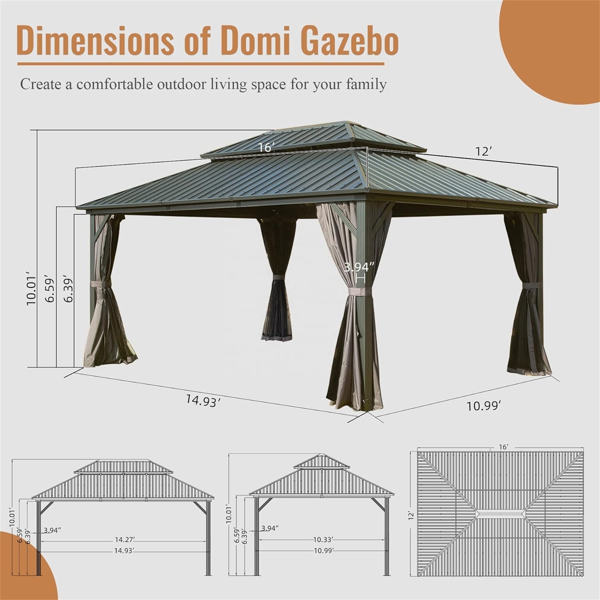 Free Shipping 12 x 16 ft Outdoor Gazebo 2-Tier Hardtop Galvanized Iron Aluminum Frame Garden Tent for Patio Backyard