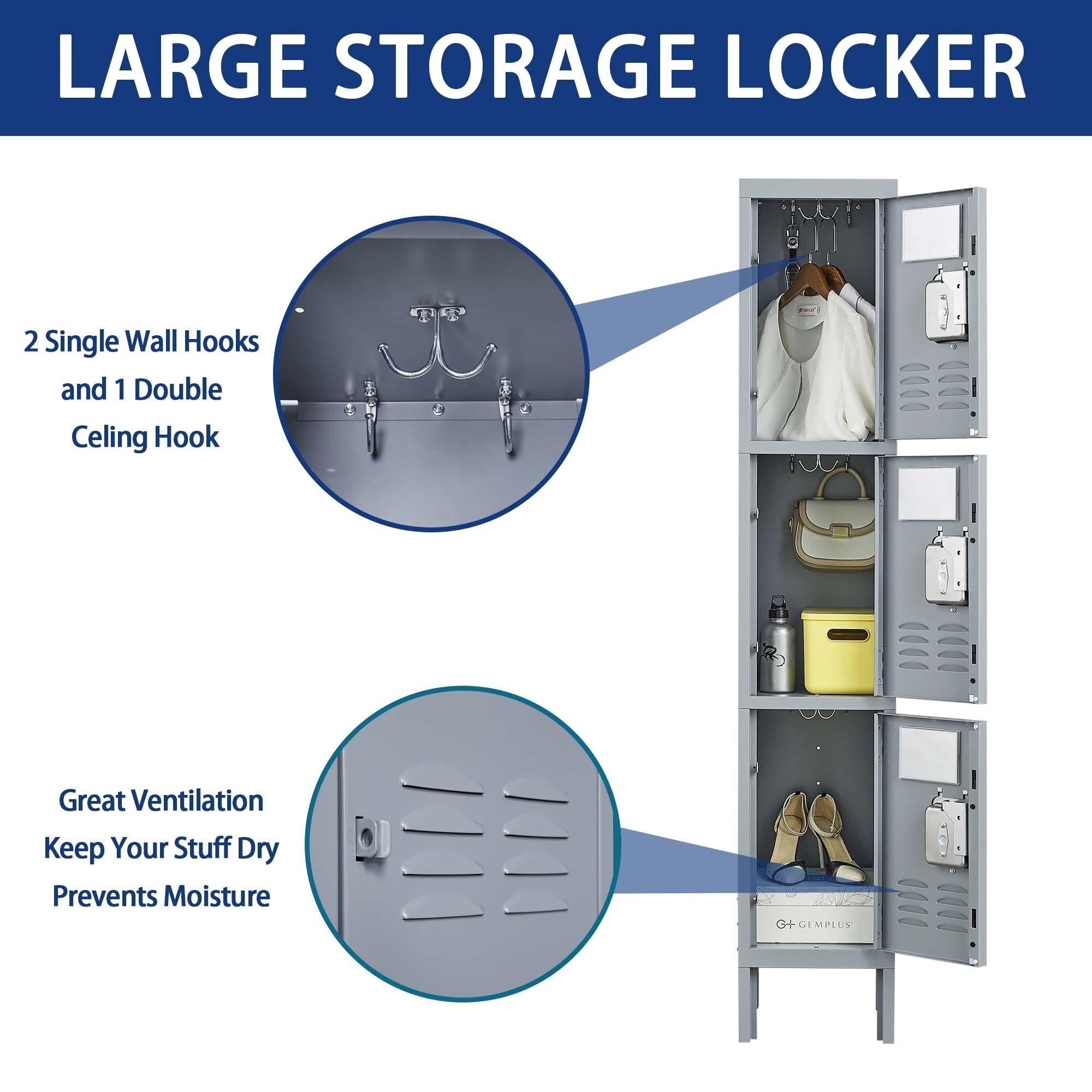 Free Shipping 3 Door 66 inch Metal Lockers With Lock for Employees Storage Locker Cabinet for Home Gym Office School Garage Gray