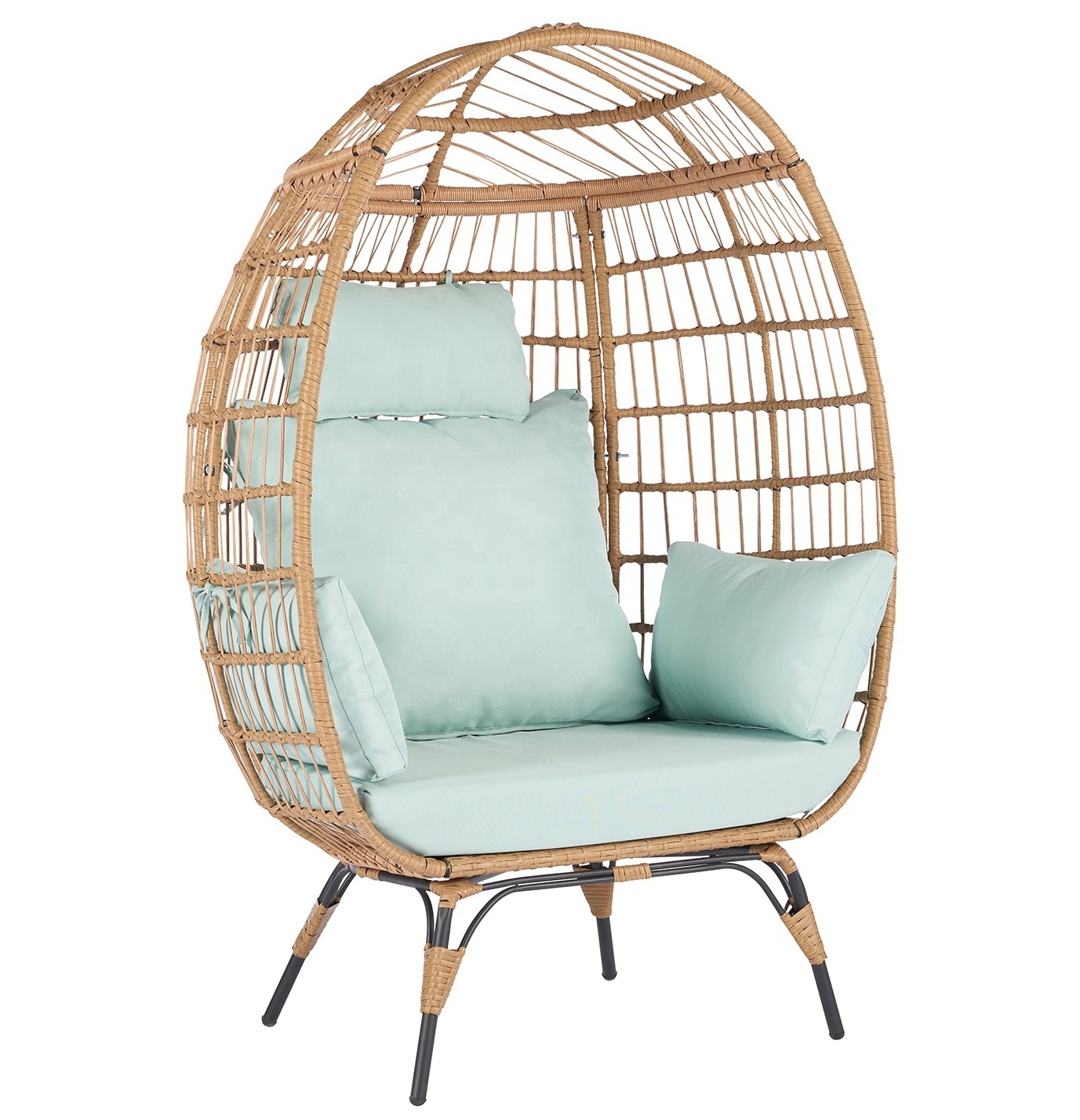 Free Shipping Wicker Egg Chair Oversized Indoor Outdoor Lounger for Patio Backyard Living Room w/ 5 Cushions Steel Frame