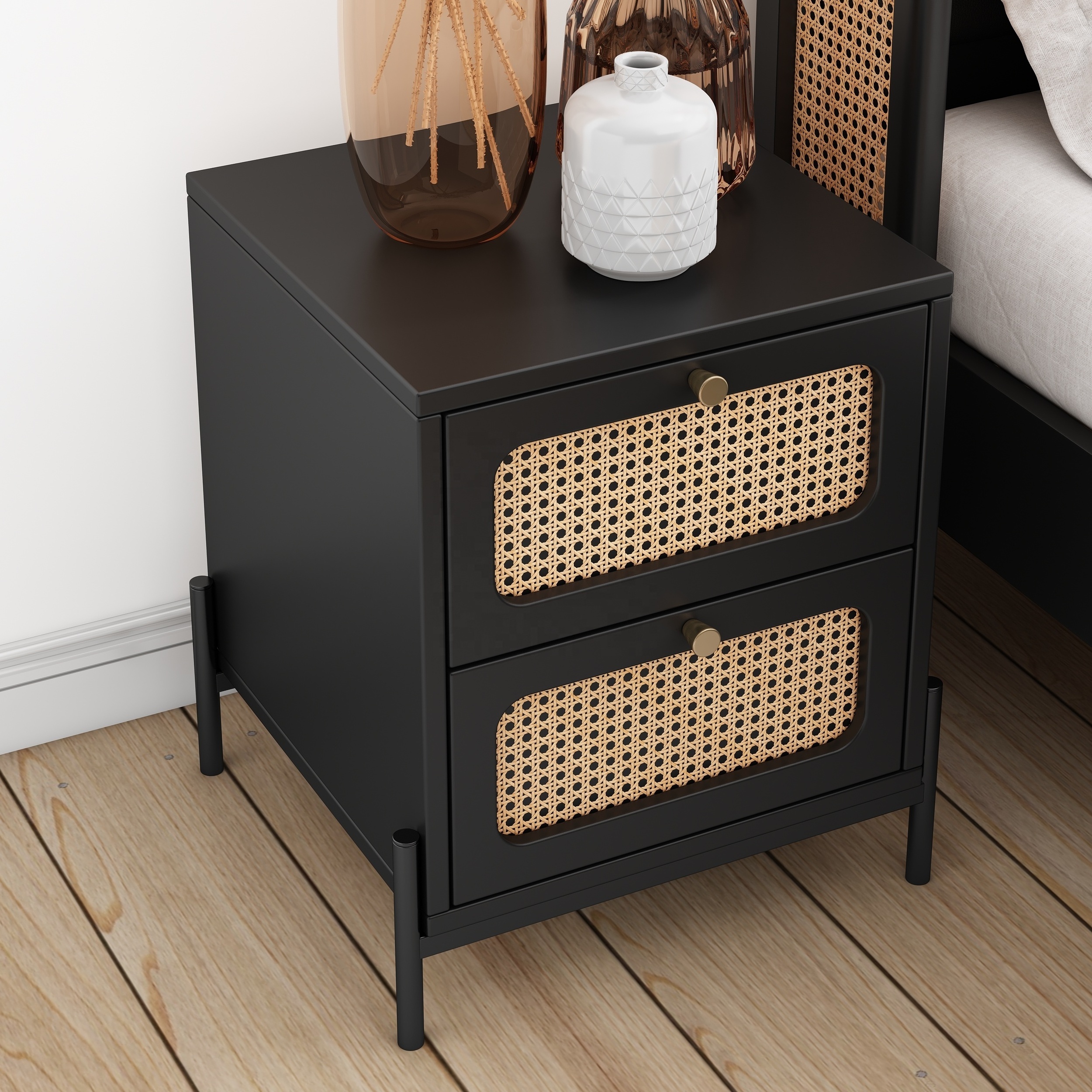 Free Shipping Rattan Wood Black Home Furniture Bedroom Furniture Modern Accent 1 Set Smart Bedroom Products Nightstand 2 Drawer