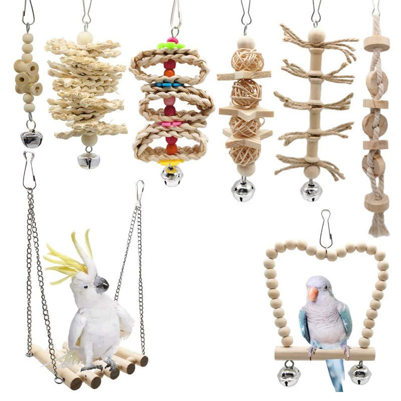 8 Packs Bird Parrot Swing Chewing Toys Wooden Bird Tearing Toys Natural Opp Bag Picture Animal Toys Pet Training Products 10pcs