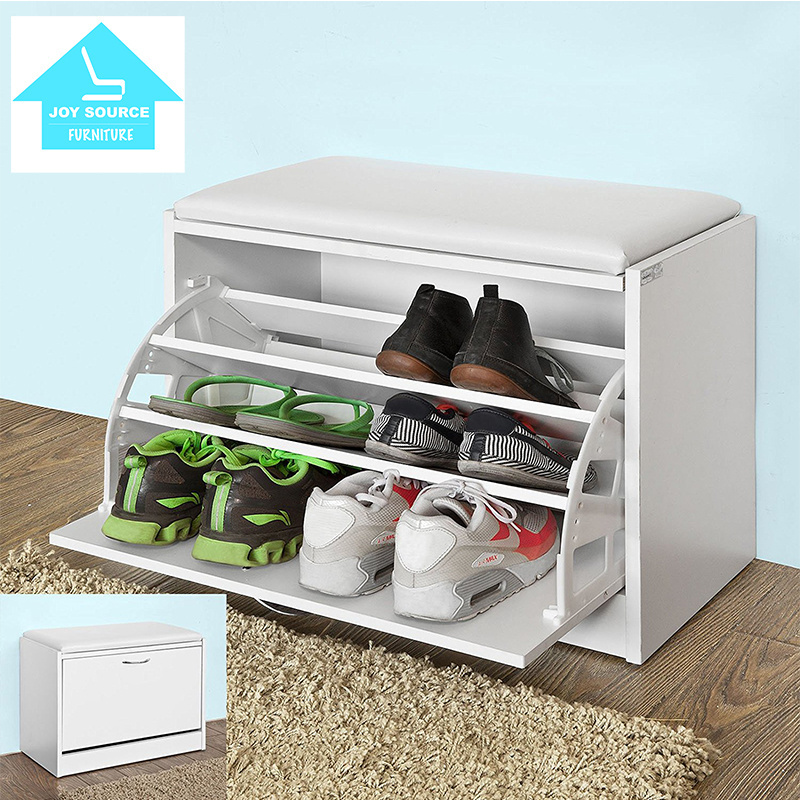 White Shoe Storage Bench with Flip-drawer, Shoe Cabinet with Removable Cushioned Seat