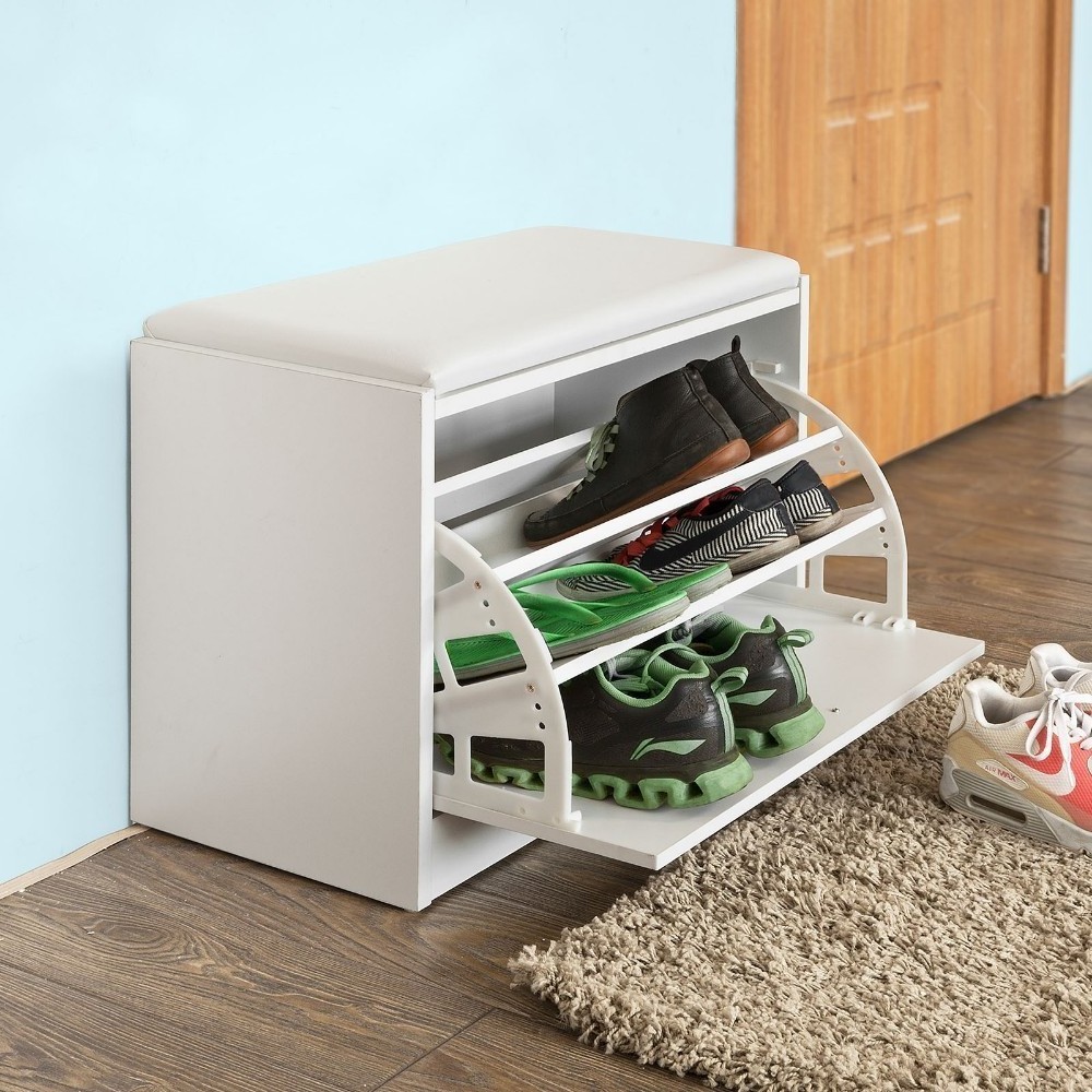 White Shoe Storage Bench with Flip-drawer, Shoe Cabinet with Removable Cushioned Seat