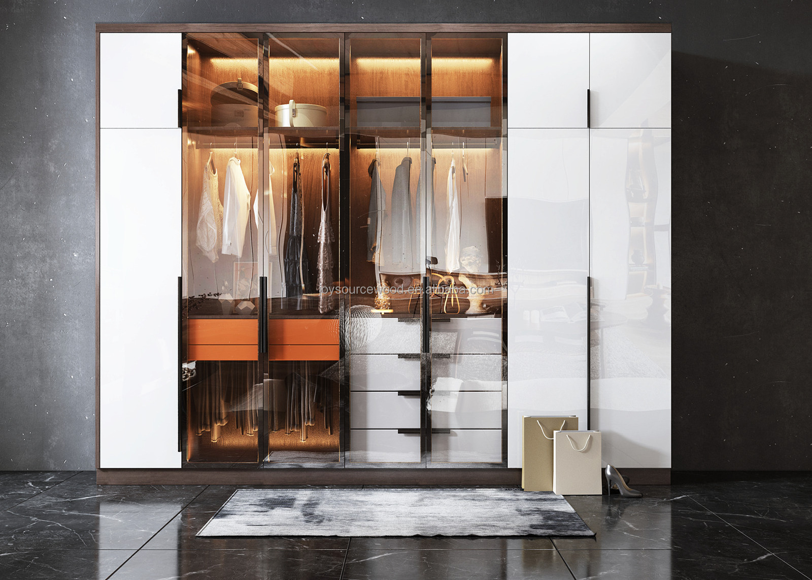 European style wardrobe closet bedroom sliding glass door wooden wardrobe closet