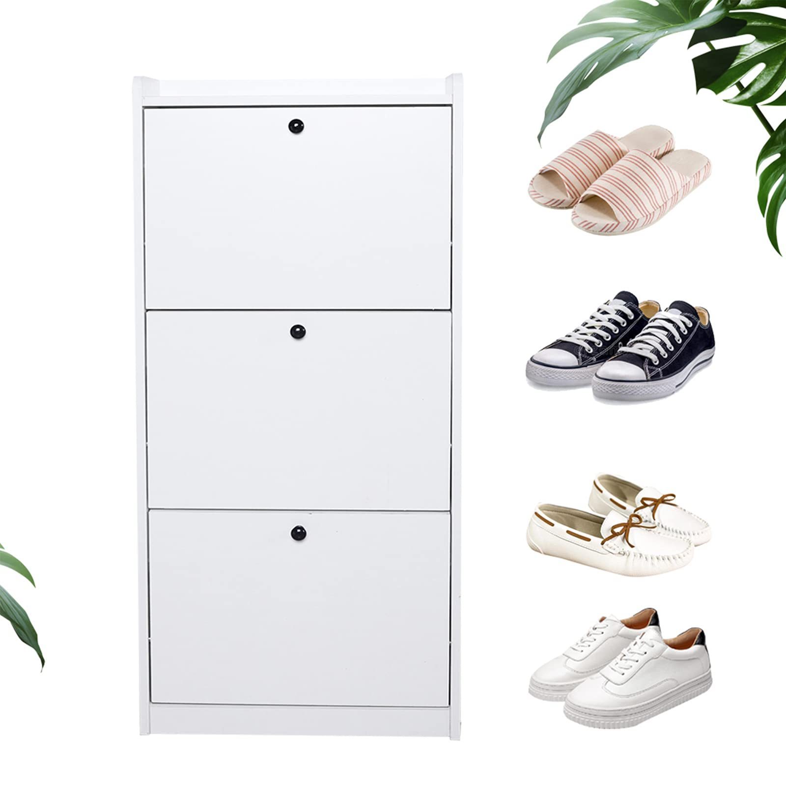 Modern Shoe Storage Cabinet with Drawers & Shelf Freestanding Tipping Bucket White Shoe Cabinet Organizer for Entryway