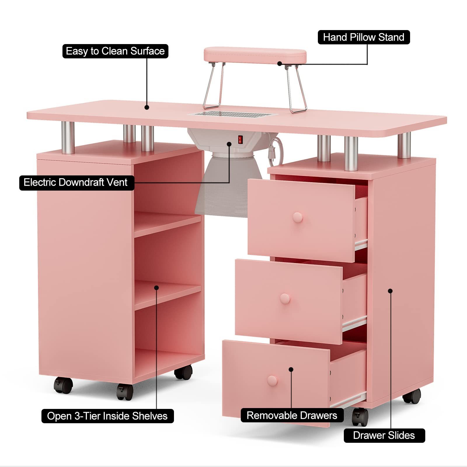 pink nail desk table for nails salon furniture manicure tavolo unghie mesa de design desk with dust collector nail tech chair