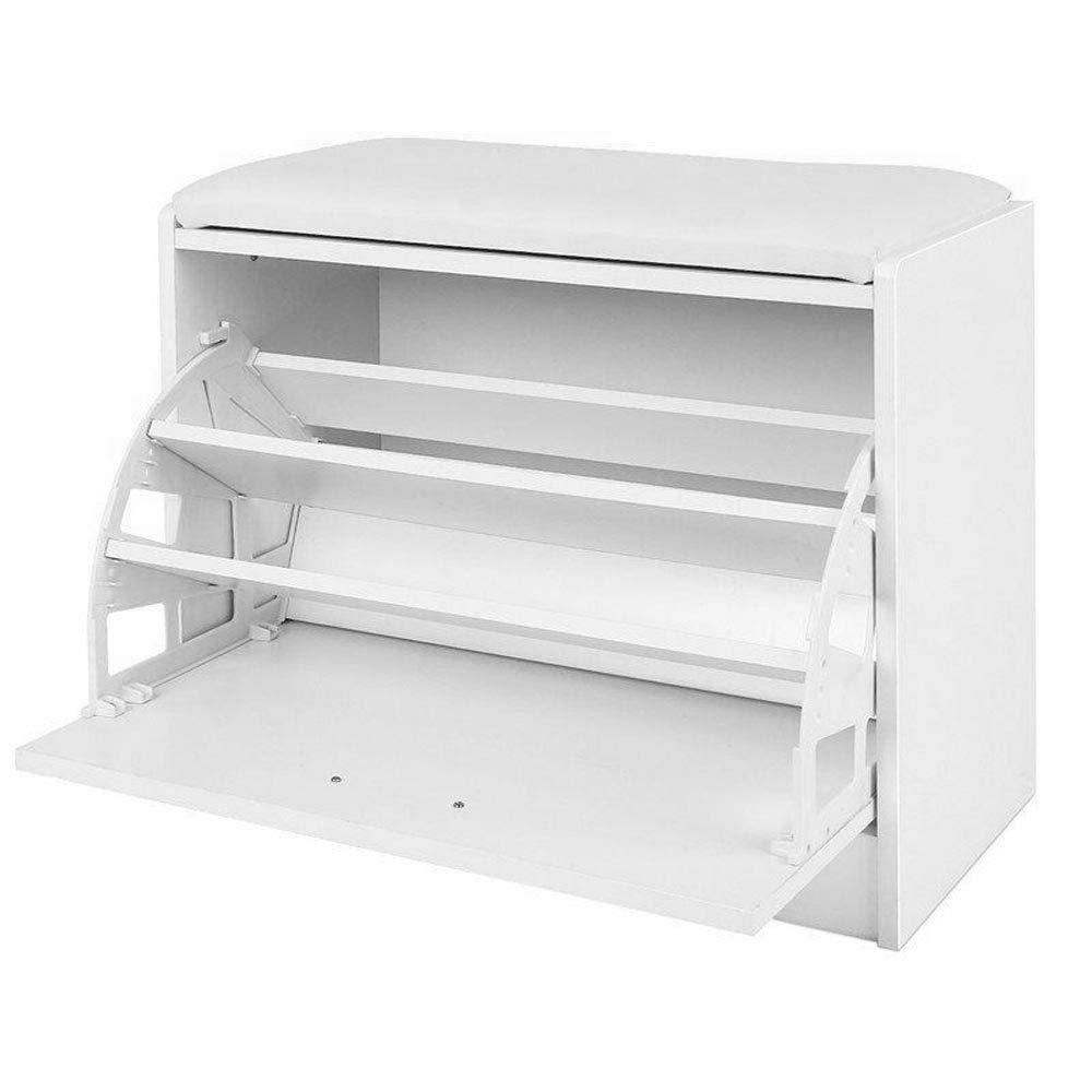 White Shoe Storage Bench with Flip-drawer, Shoe Cabinet with Removable Cushioned Seat