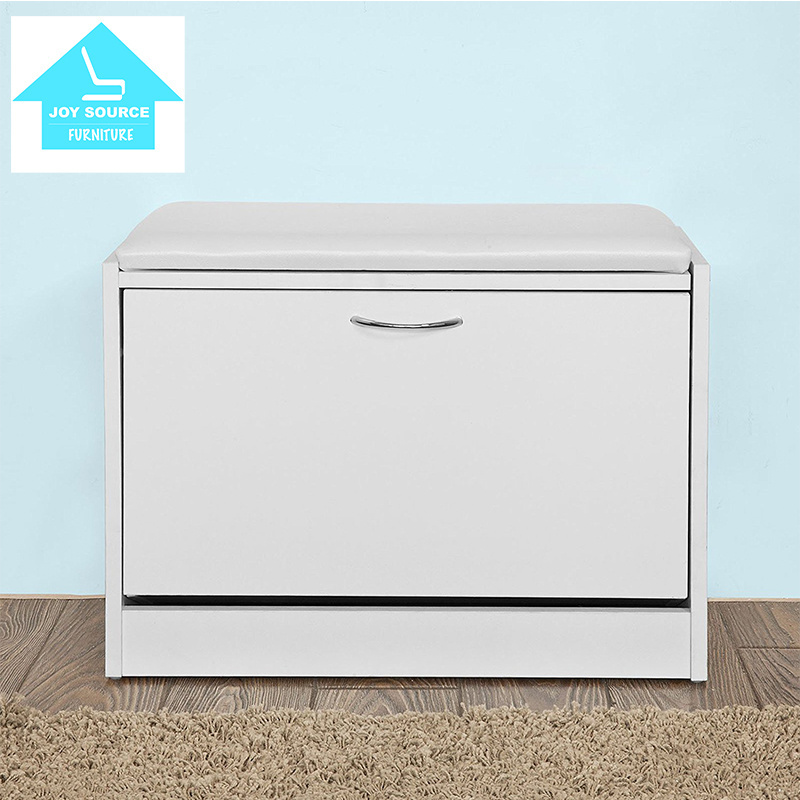 White Shoe Storage Bench with Flip-drawer, Shoe Cabinet with Removable Cushioned Seat