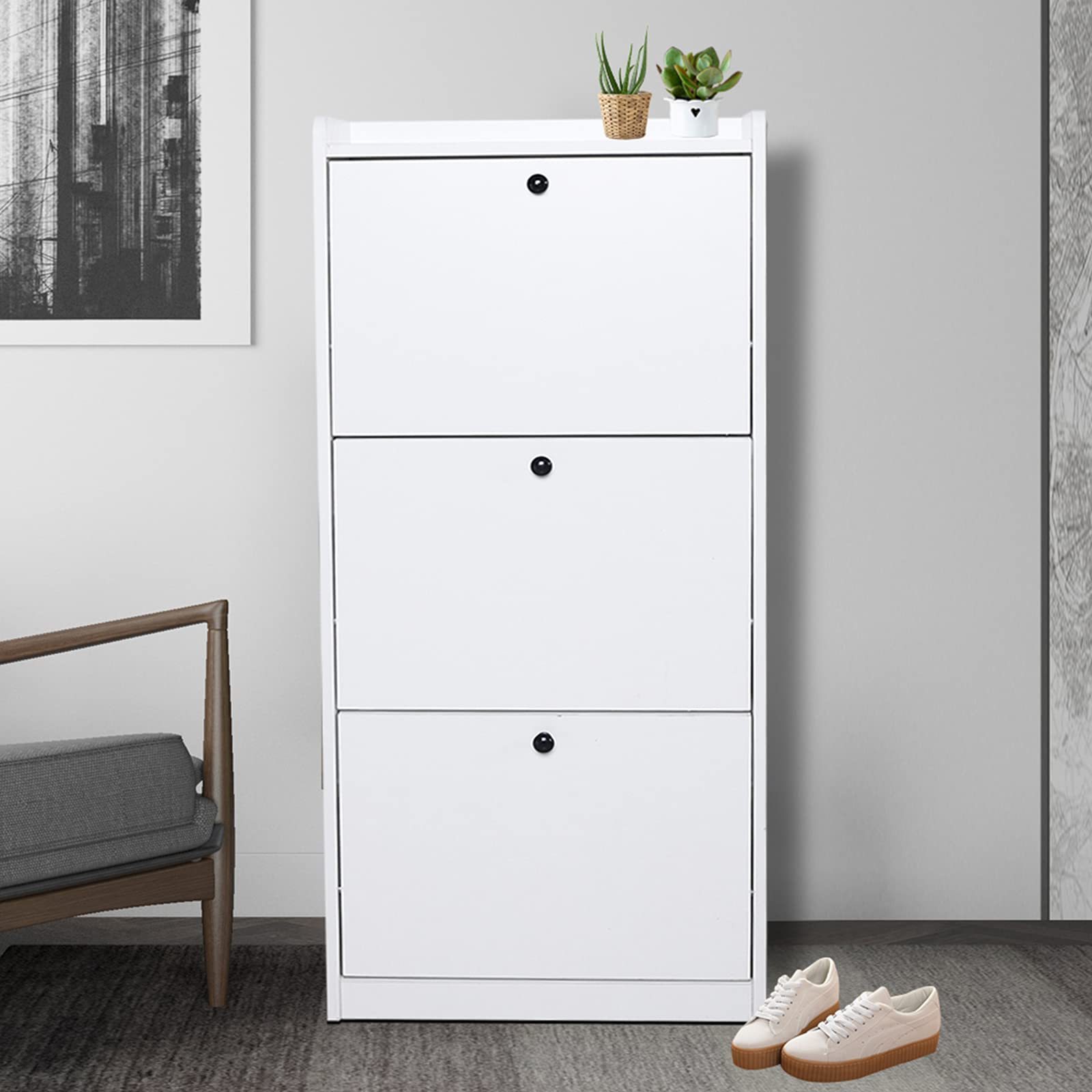 Modern Shoe Storage Cabinet with Drawers & Shelf Freestanding Tipping Bucket White Shoe Cabinet Organizer for Entryway