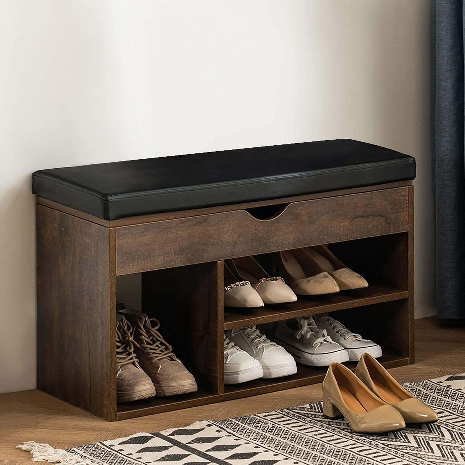 Shoe Storage Bench Entryway Bench with Flip Top Storage Space and Padded Cushion Wooden Shoe Bench for Entryway