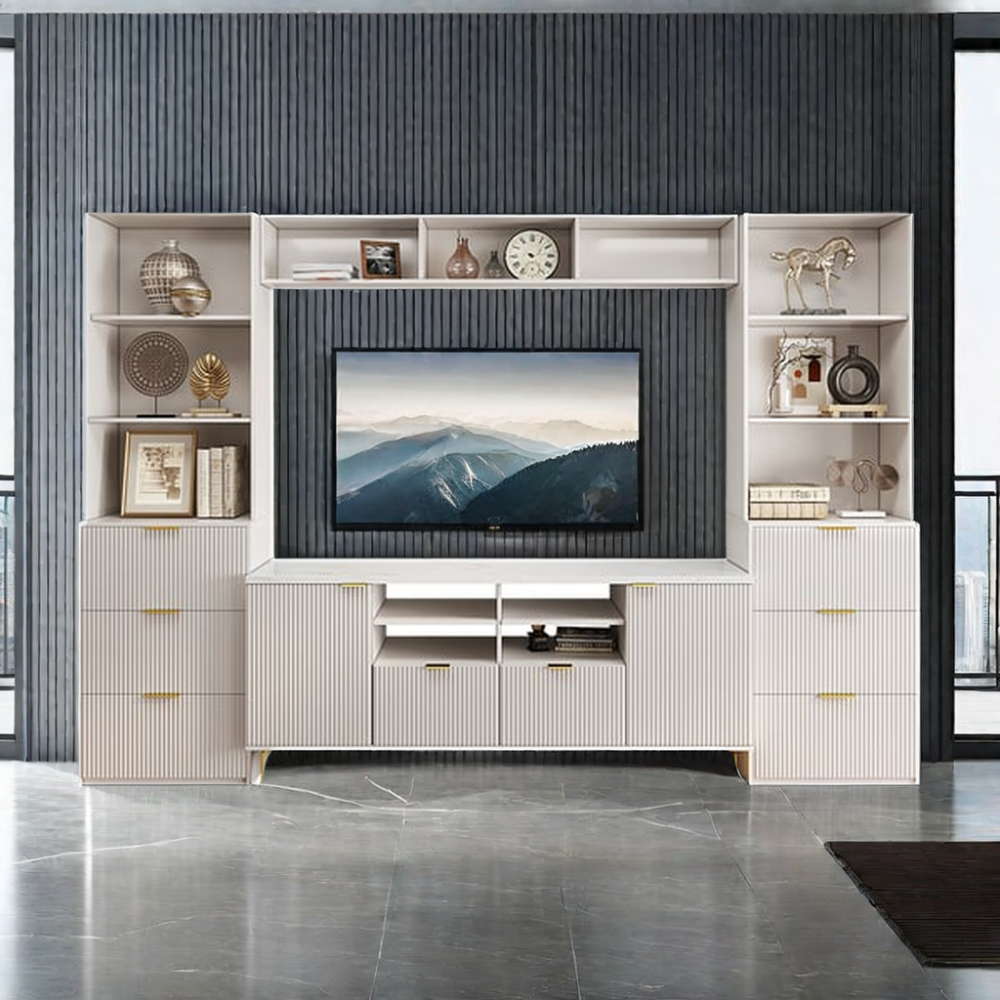 modern tv wall units fluted wood storage entertainment center with bookshelf white tv stand living room furniture