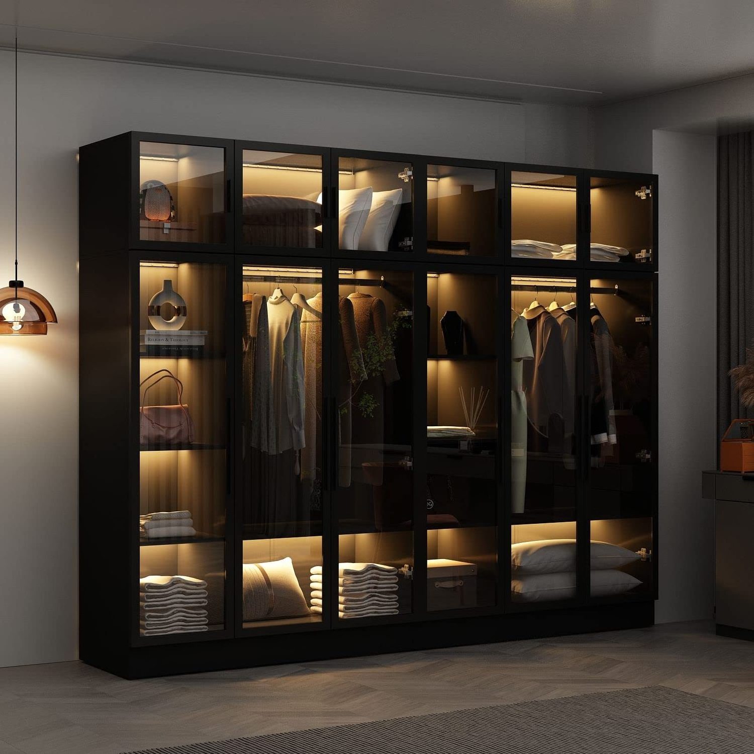 Modern Glass Door Clothes Wardrobe with Wood Closet Cabinet Storage Armoire Bedroom Furniture