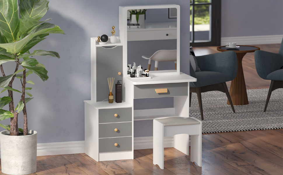 Makeup Vanity Dressing Table with Sliding Mirror Dresser Desk and Cushioned Stool Set 4 Drawers & Shelves