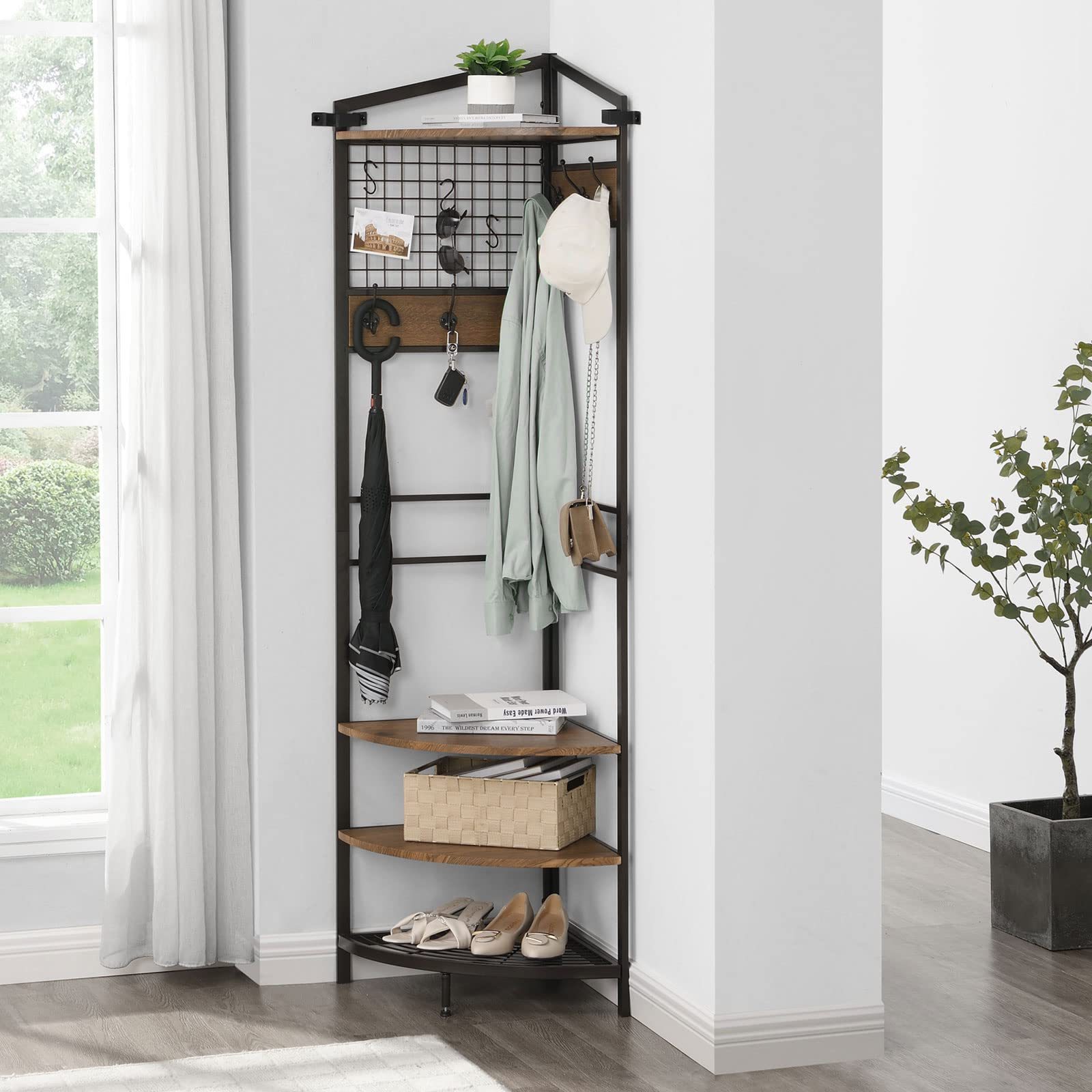 Corner Hall Tree Industrial Corner Coat Rack with Hooks and Storage Shelf for Entryway Hallway Corner Organizer with Shoes Rack