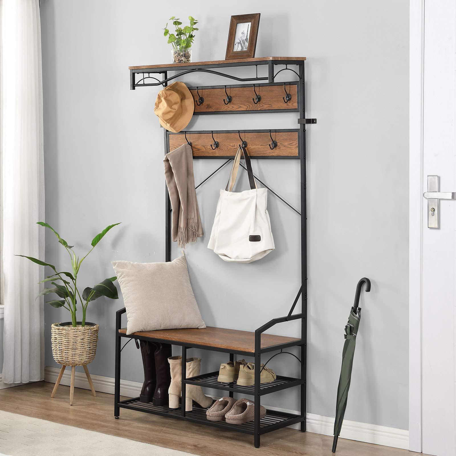 4-In-1 Design Hall Tree for Entrance Foyer Entryway Coat Rack Shoe Bench Storage Shelf