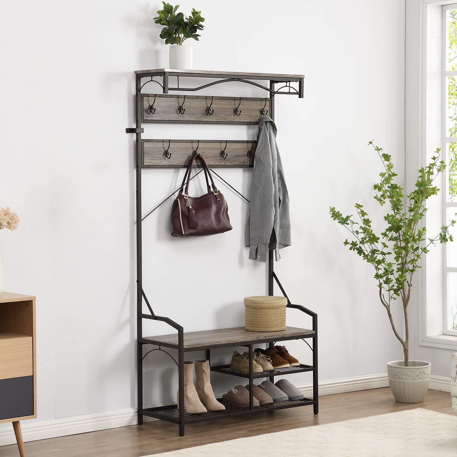 4-In-1 Design Hall Tree for Entrance Foyer Entryway Coat Rack Shoe Bench Storage Shelf